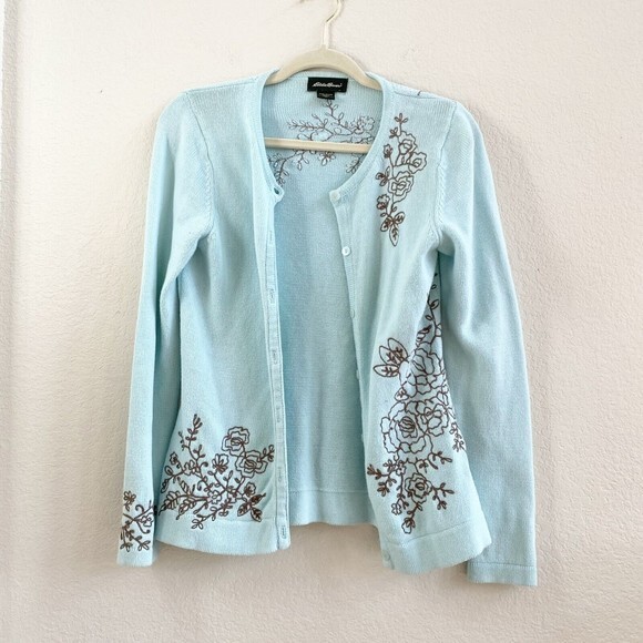 Eddie Bauer Sweater Embroidered Aqua Blue Flowers 100%Cotton Knit Cardigan Small - Picture 1 of 8